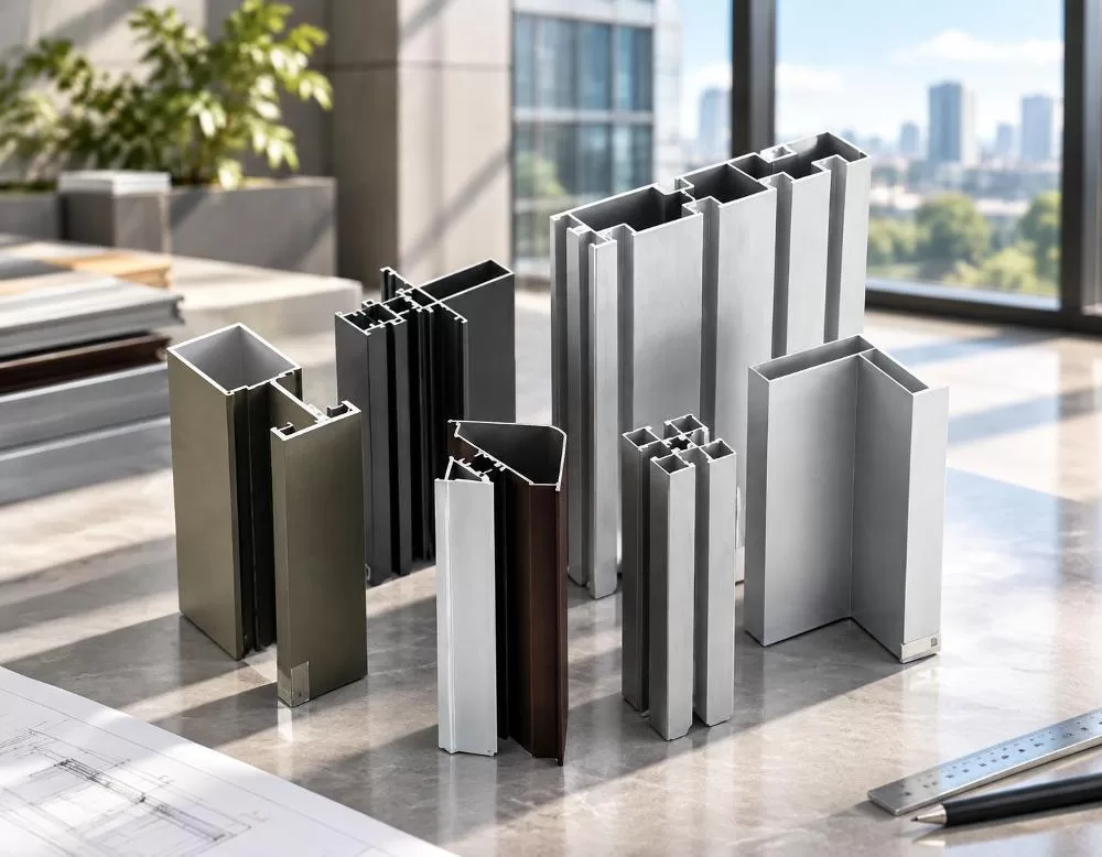 Various extruded aluminium profiles in different shapes and finishes, silver, bronze, and black matte