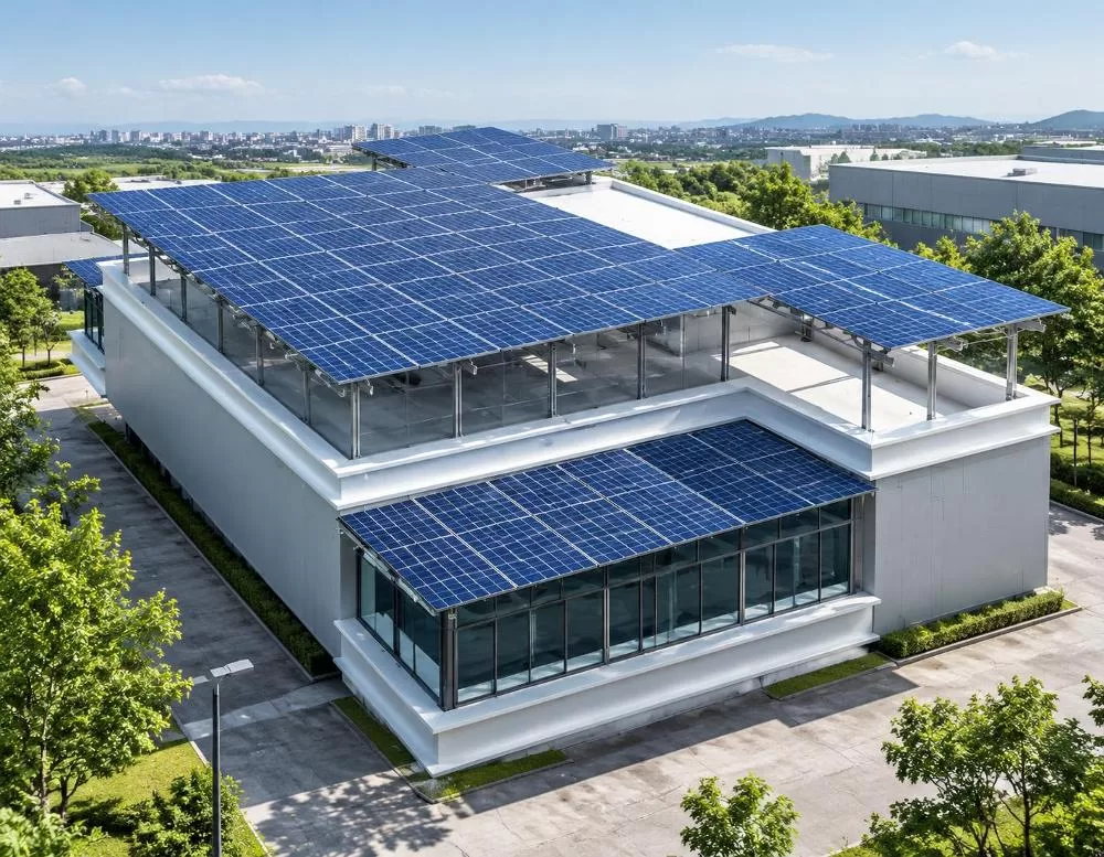 3D architectural rendering of a rooftop solar array mounted on aluminum framing systems