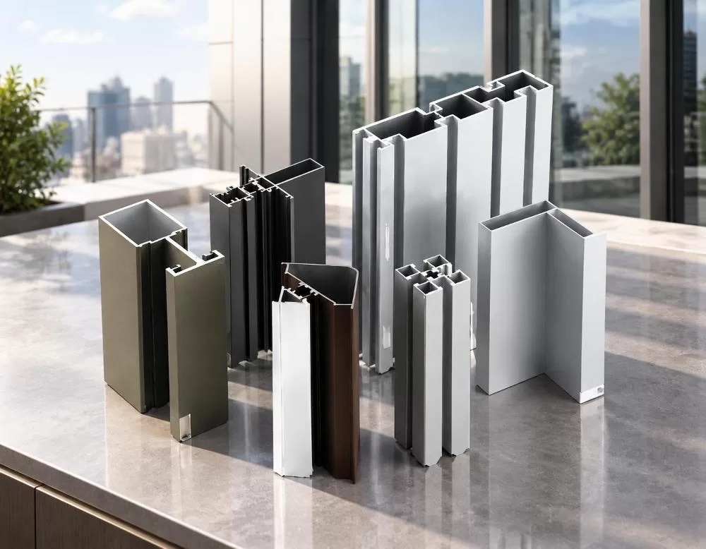 Various extruded aluminum profiles in silver, bronze, and black matte finishes