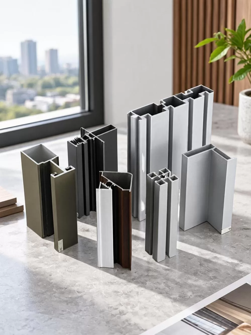 Cross-section comparison of various aluminum extrusion profiles showing different geometries and surface finishes
