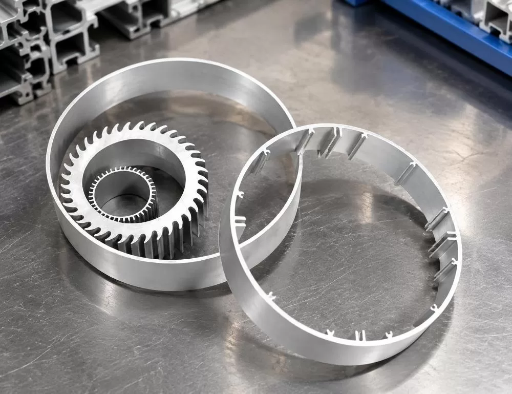 Precision-machined circular aluminum extrusions showing ribbed and finned cross-sections