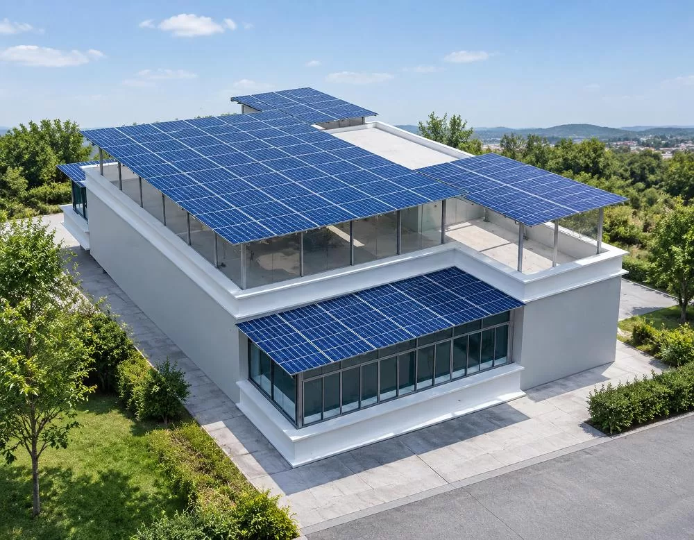 Elevated architectural rendering of a flat-roof building with integrated solar photovoltaic panels on aluminum framework