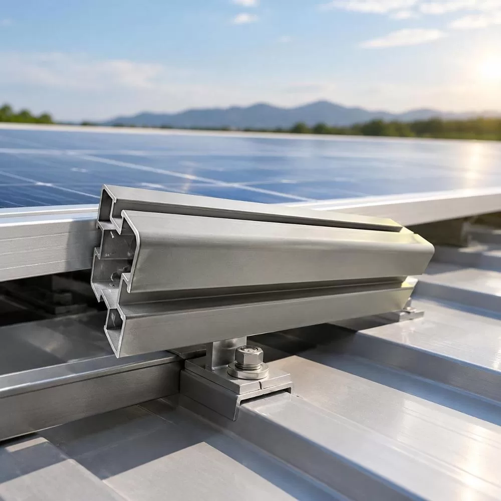 Perspective view of an extruded solar aluminum frame profile with anodized matte finish