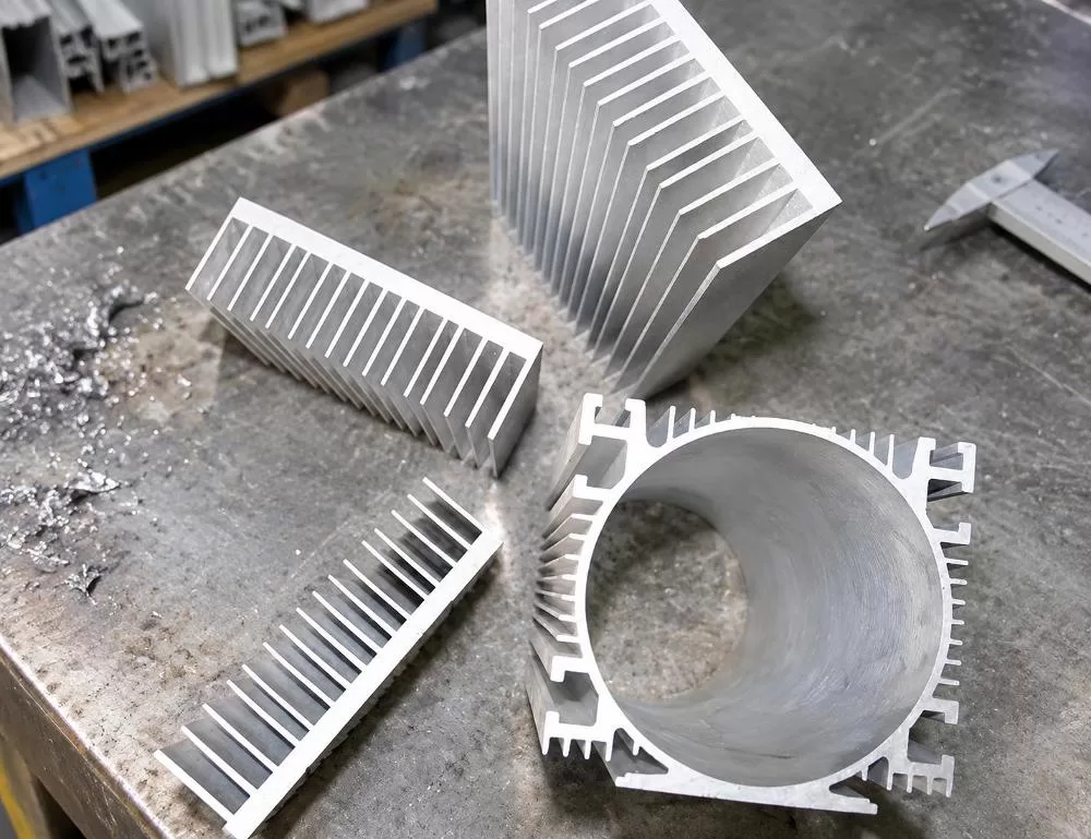 Extruded aluminum heat sink and cylindrical profile samples on industrial floor
